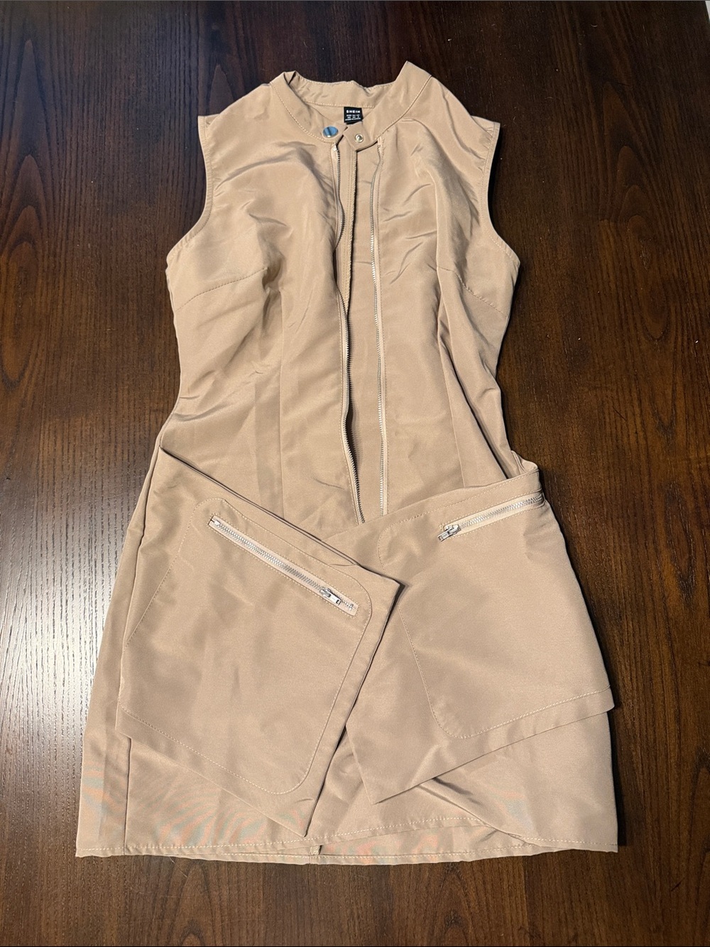 SHEIN Beige Sleeveless Zip-Front Mini Dress